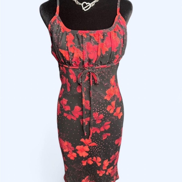 Younique Dresses & Skirts - Younique floral mesh midi dress red black rhinestone tie front size S Y2K